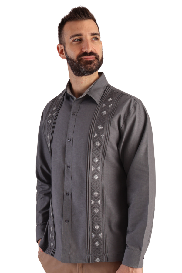 Camisa Guayabera Color Gris Alforzada Manga Larga Bordado Para Caballero